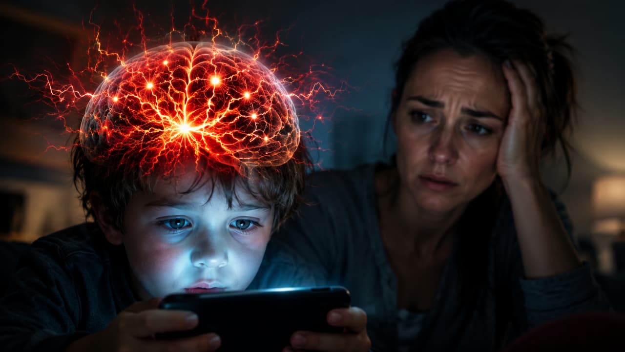 A worried parent watching a child absorbed in a glowing screen
